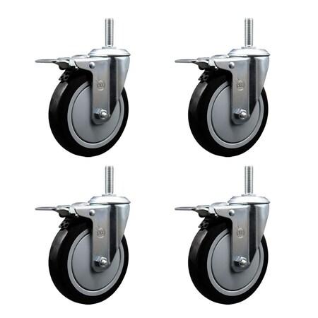 Service Caster 5 Inch Black Polyurethane Swivel 58 Inch Threaded Stem Caster Set with Total Lock Brake SCC-TSTTL20S514-PPUB-BLK-58212-4